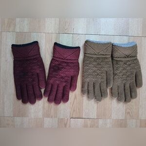 Cozy Knit Gloves Set in Burgundy Red and Tan Brown. OS
